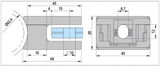 Klembevestiging vierkant 45 x 45 mm, voor ronde buis ø 42,4 mm voor 6 - 10,76 mm